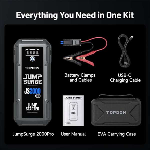 TOPDON 2500 Peak Amp Battery Jump Starter, Power Bank, & Flashlight