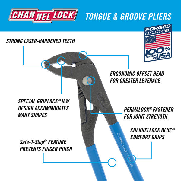 Channellock 9.5-Inch GRIPLOCK Tongue & Groove Pliers