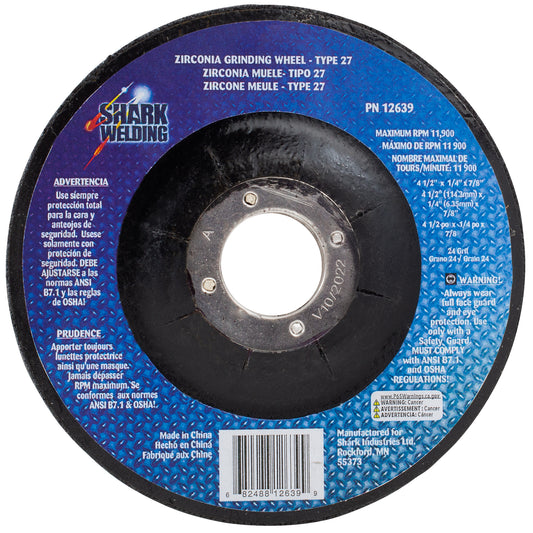 Depressed Center Type 27 Zirconia Grinding Wheels for Stainless Steel – Hubless. 4.5″ x 1/4″ x 7/8″ – 24 Grit