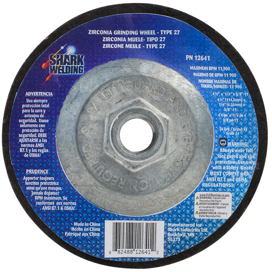 Depressed Center Type 27 Zirconia Grinding Wheels for Stainless Steel – Hubbed. 4.5″ x 1/4″ x 5/8 - 11NC – 24 Grit