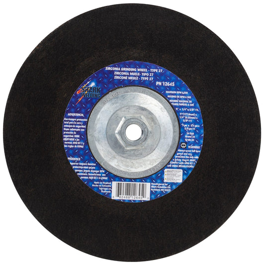 Grinding Wheels Type 27 – Zirconia 9″x 1/4″ x 5/8-11NC – 24 Grit
