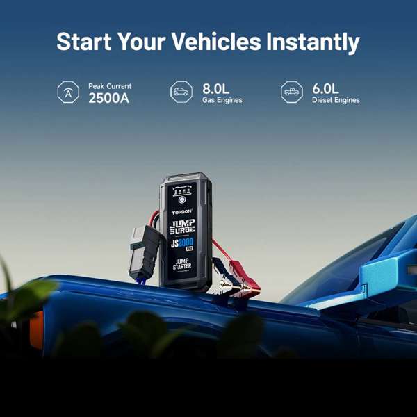 TOPDON 2500 Peak Amp Battery Jump Starter, Power Bank, & Flashlight