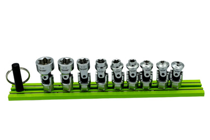9 PC. DUAL DRIVE STUBBY UJ E-TORX  SOCKET SET - 1/4'' X 11MM DR. - GREEN MAGRAIL
