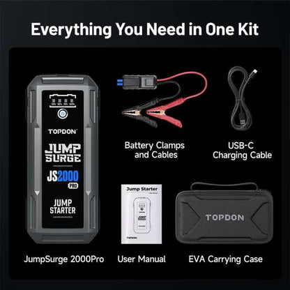 TOPDON 2500 Peak Amp Battery Jump Starter, Power Bank, & Flashlight