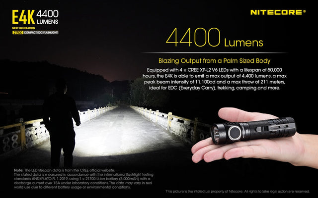 Nitecore E4K 4400 Lumen EDC Flashlight, with 5000mAh USB-C Rechargeable Battery