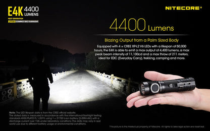 Nitecore E4K 4400 Lumen EDC Flashlight, with 5000mAh USB-C Rechargeable Battery