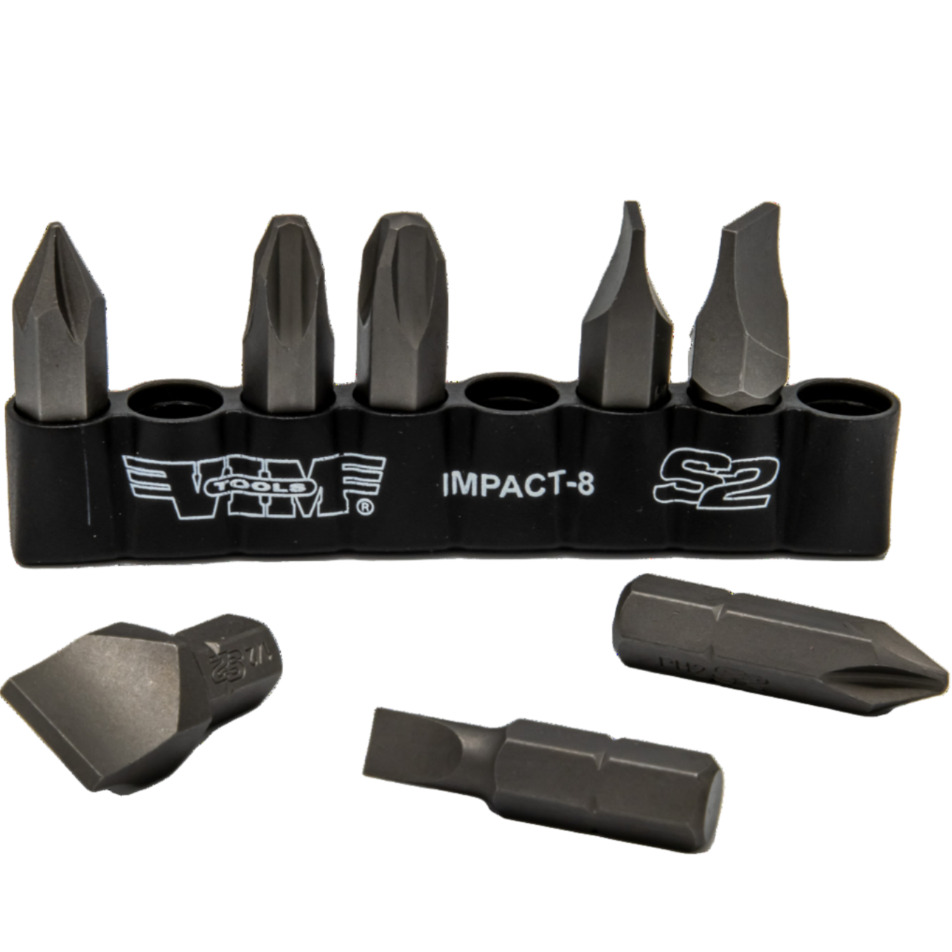 Impact Quality S2 Bit Set, 8 pc Bits 5/16″ Hex bodies, 1.25″L, P1-P4 Phillips & Flat Tip