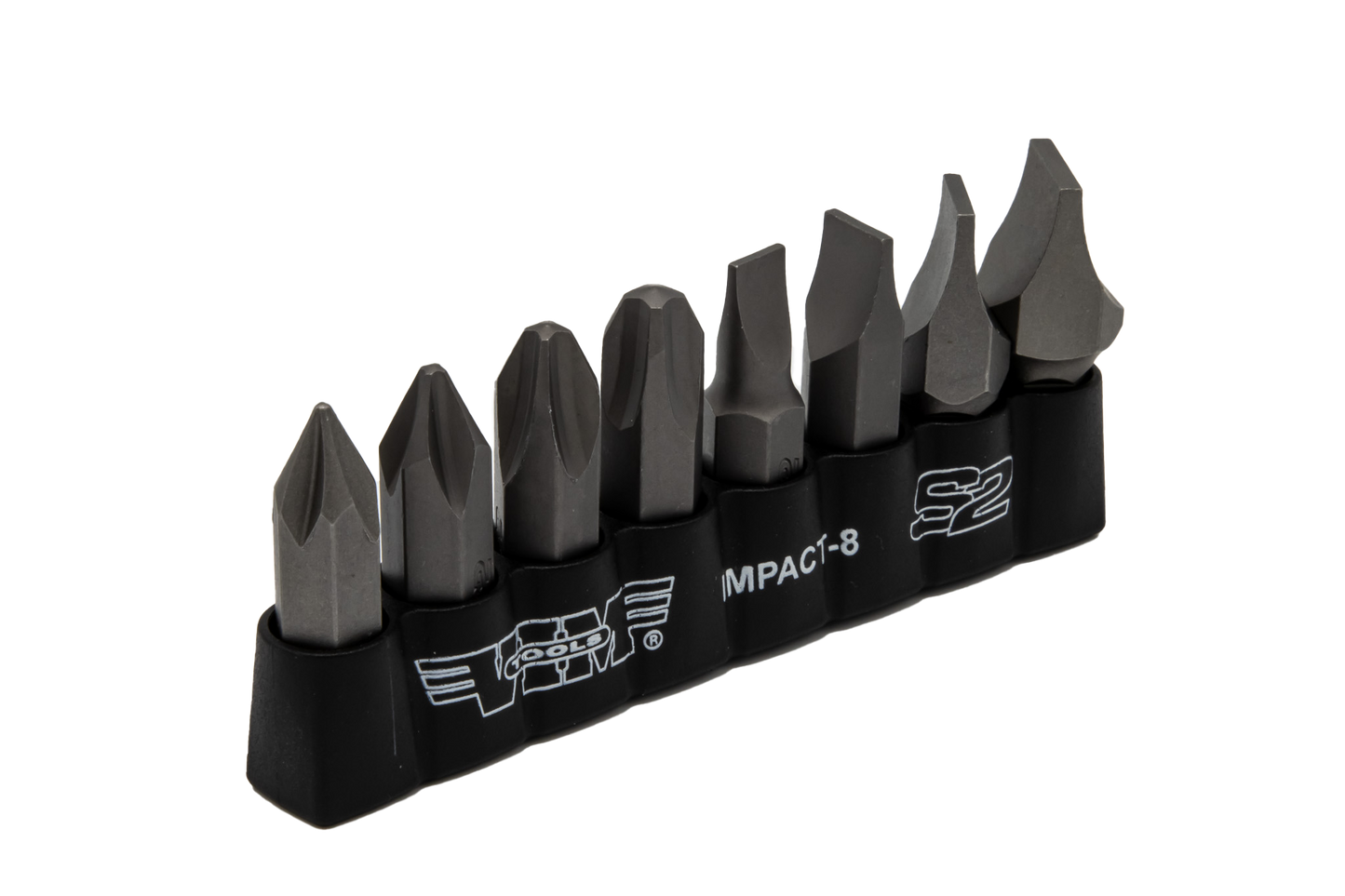 Impact Quality S2 Bit Set, 8 pc Bits 5/16″ Hex bodies, 1.25″L, P1-P4 Phillips & Flat Tip