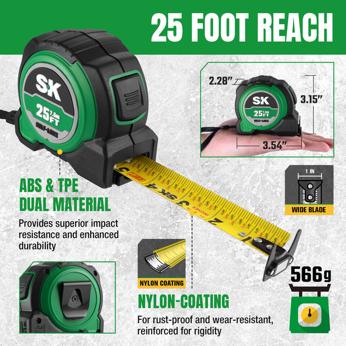 SK Tools USA - 25 Ft. Self-Locking Tape Measurer, #SK02342