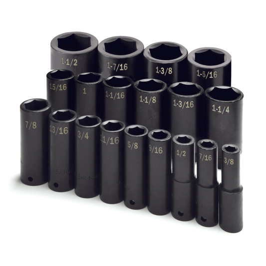 19 Piece 1/2" Drive 6 Point Fractional Deep Impact Socket Set