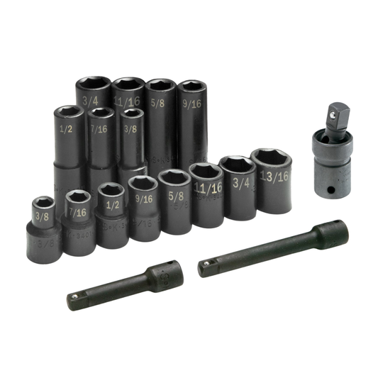 17 Piece 1/2" Drive 6 Pt SAE Std and Deep Impact Socket Set
