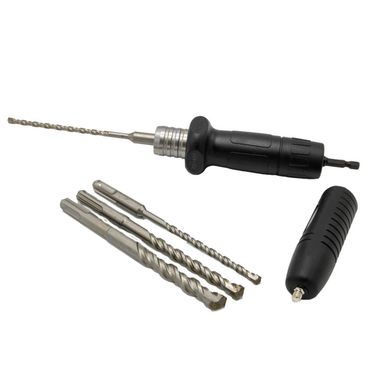 Hammer Drill Adapter, 4 Carbide Tipped Hammer Drills, 3/16″, 1/4″, 3/8″, & 1/2″