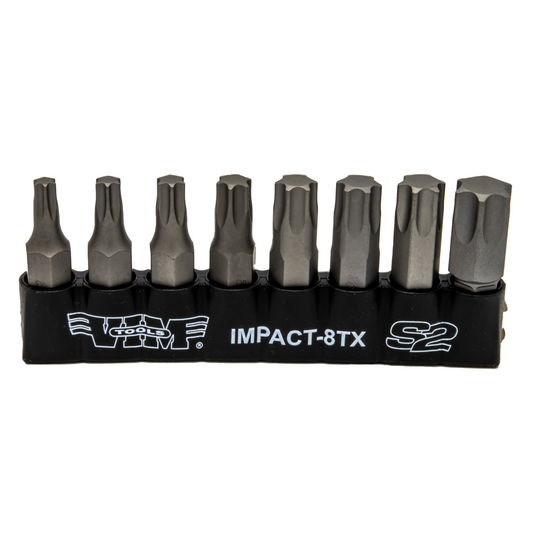 TORX, Impact Quality S2 Bit Set, 8 pc Bits 5/16″ Hex bodies, 1.25″L, T25 thru T55 TORX