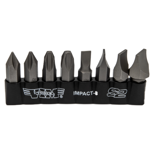 Impact Quality S2 Bit Set, 8 pc Bits 5/16″ Hex bodies, 1.25″L, P1-P4 Phillips & Flat Tip