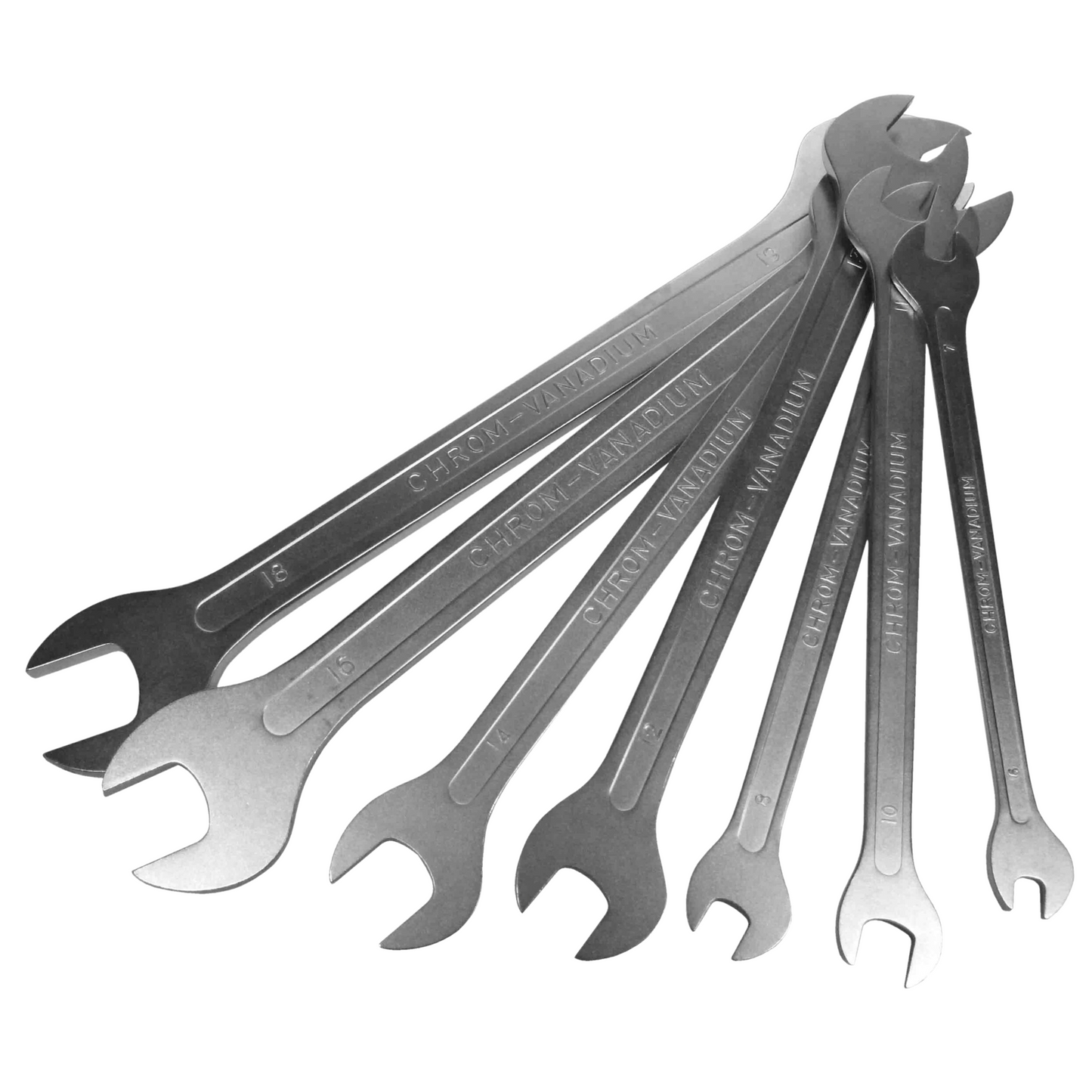 Metric Flat Wrench Set, 7 pc, 6MM thru 19MM, Open End, Thin Flat Design